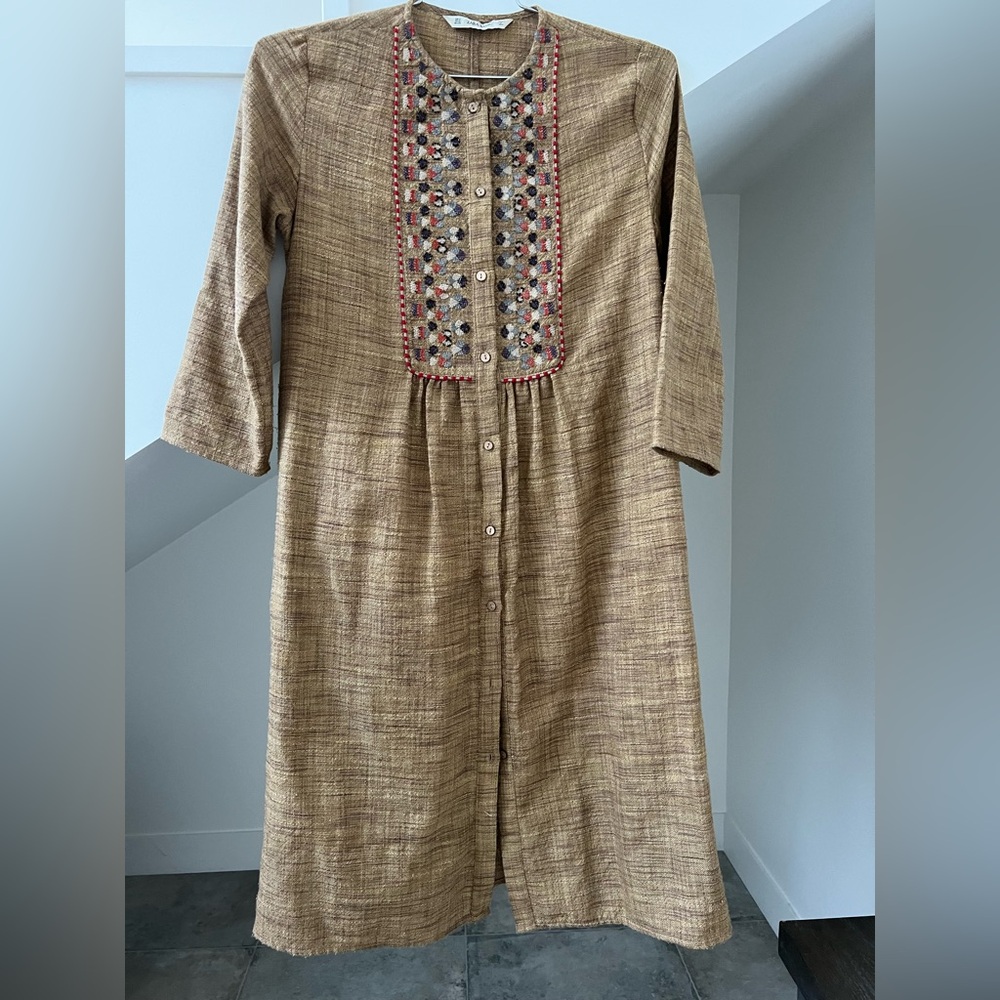 Zara Textured Tan Dress with Embroidery